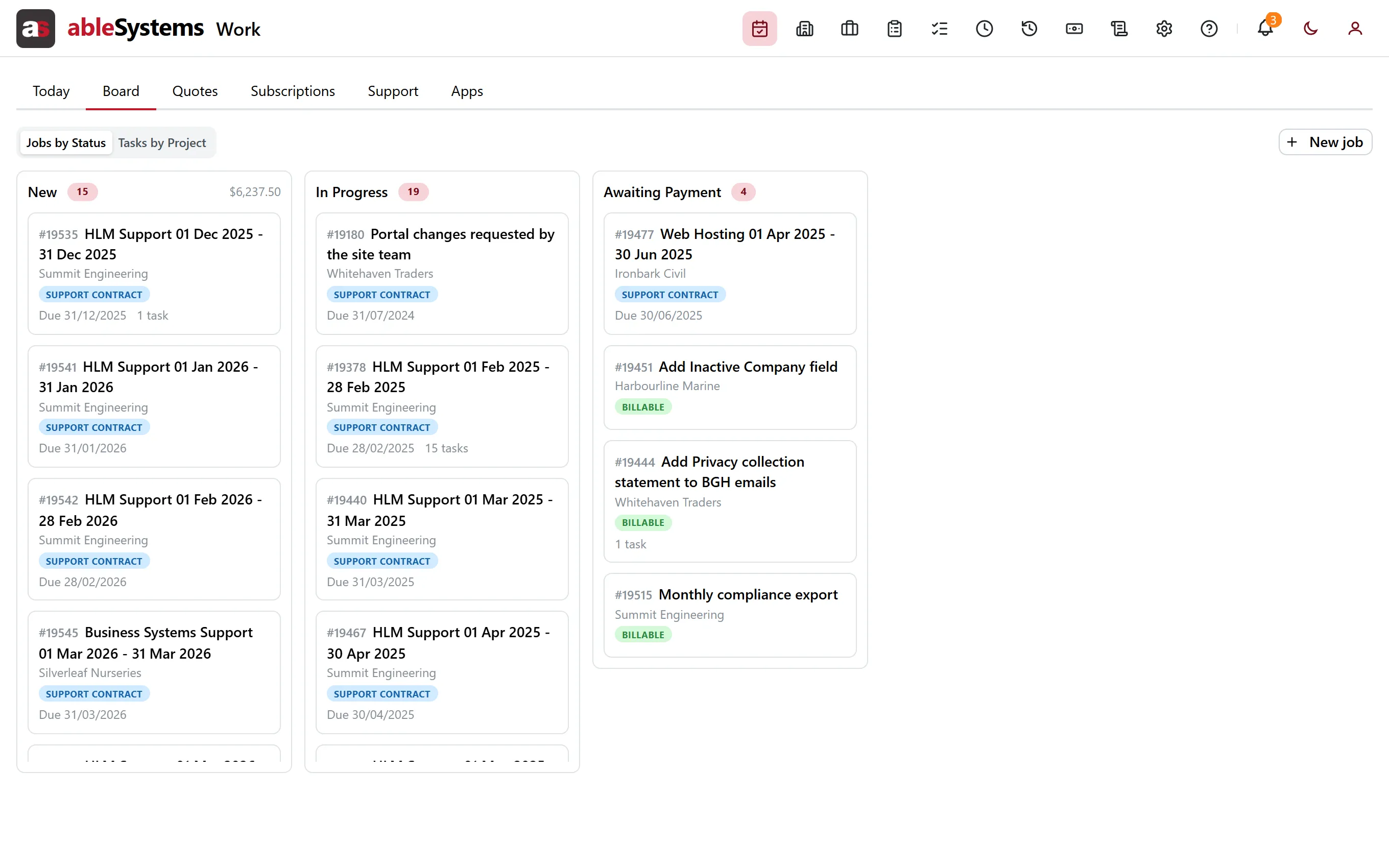 AbleSystems — the Work board that runs our own jobs, quotes and support contracts